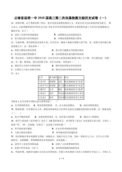 【云南省昆明一中】2018届高三第二次双基检测文综历史试卷(一)