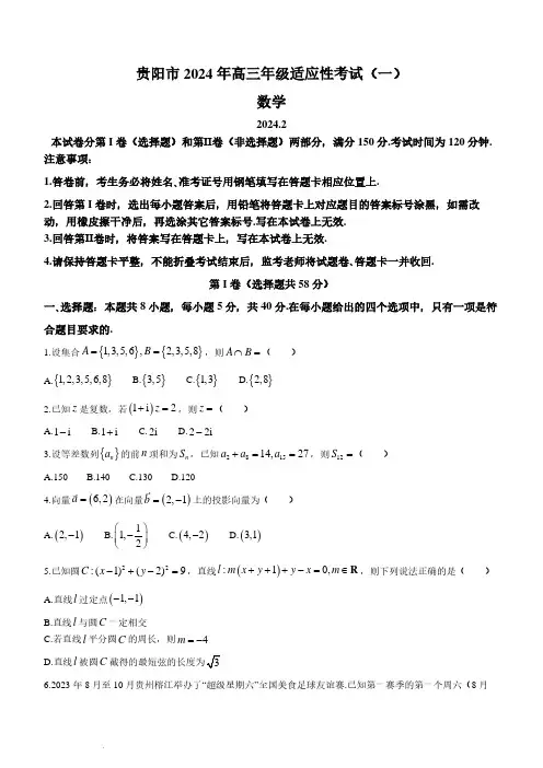 2024届贵州省贵阳市高三下学期一模数学试题及答案