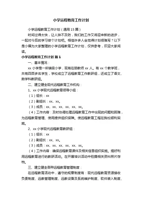 小学远程教育工作计划（通用15篇）