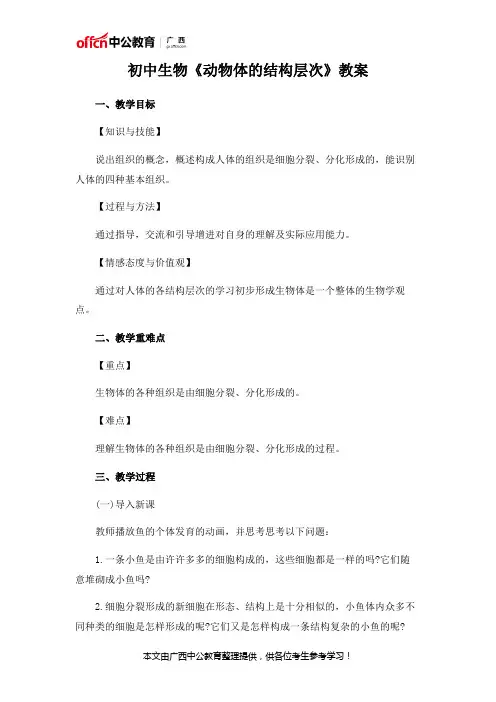 初中生物《动物体的结构层次》教案