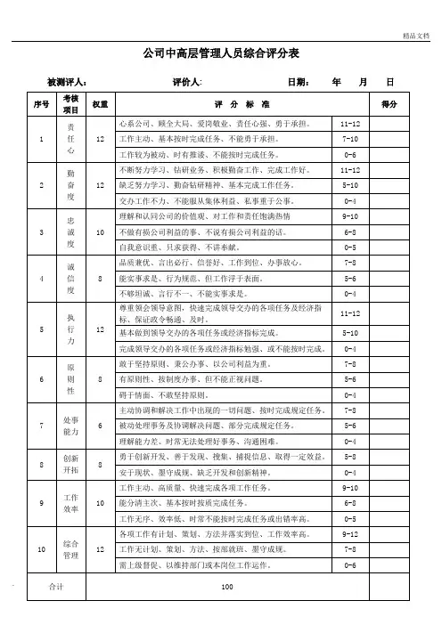 公司中高层管理人员综合评分表