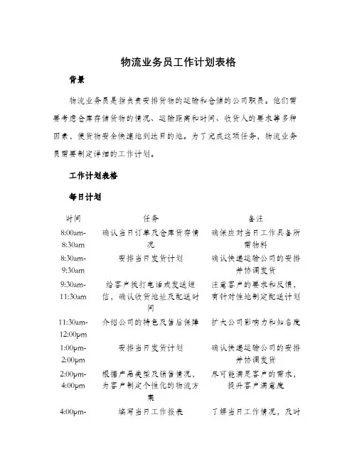 物流业务员工作计划表格