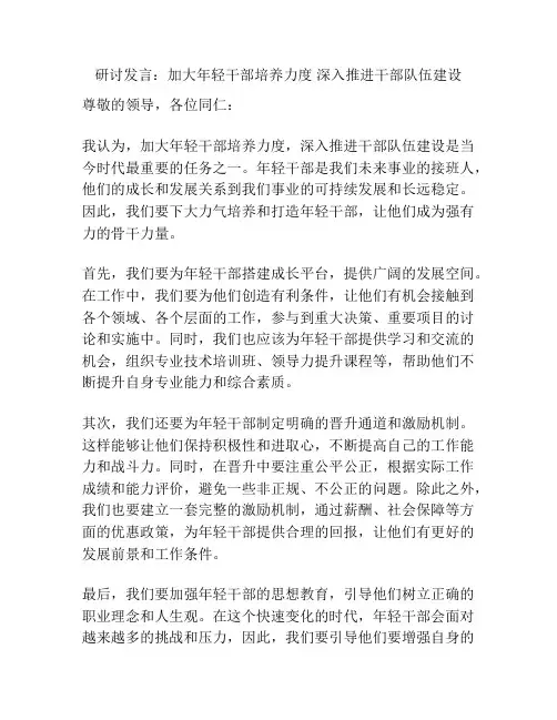 研讨发言：加大年轻干部培养力度 深入推进干部队伍建设