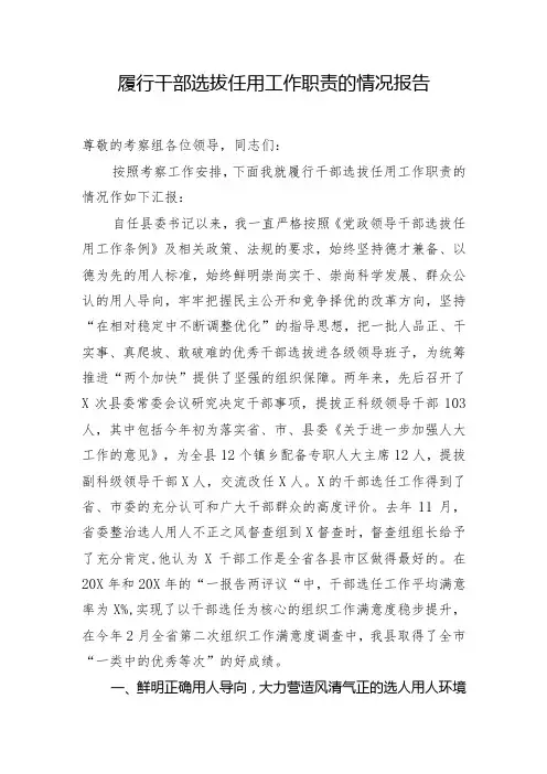履行干部选拔任用工作职责的情况报告