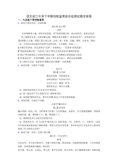 语文初三中考下学期诗歌鉴赏综合检测试题含答案