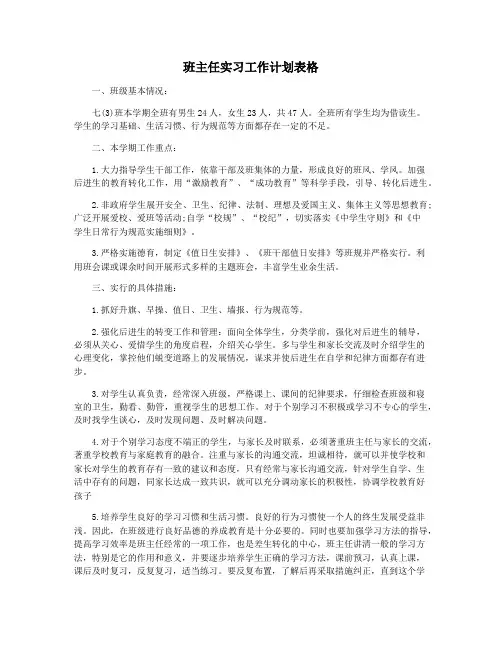 班主任实习工作计划表格