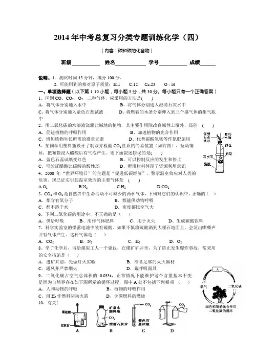 2014年中考总复习分类专题训练化学 专题四《碳和碳的化合物》综合检测