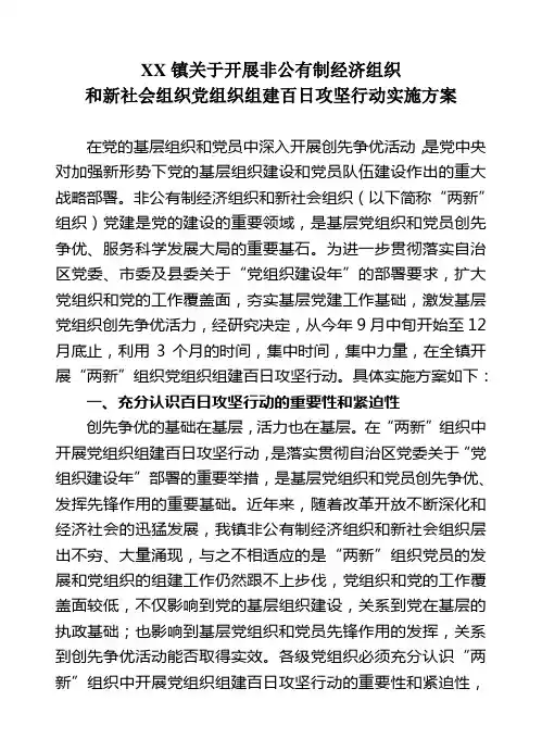 XX镇关于开展非公有制经济组织和新社会组织党组织组建百日攻坚行动实施方案