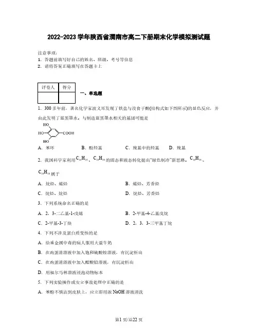 2022-2023学年陕西省渭南市高二下册期末化学模拟测试题(含解析)