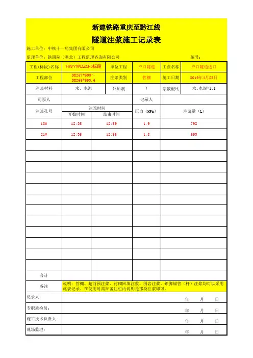 036隧道注浆施工记录表(超前预注浆、衬砌回填注浆、围岩注浆、锁脚锚管(杆)注浆均可以采用此表)
