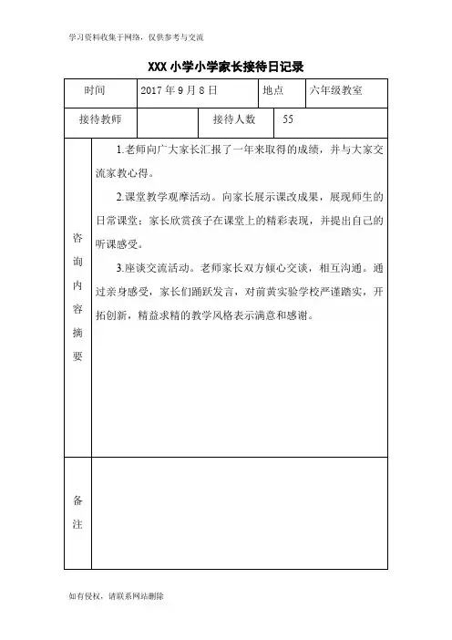 XXX小学家长接待日记录
