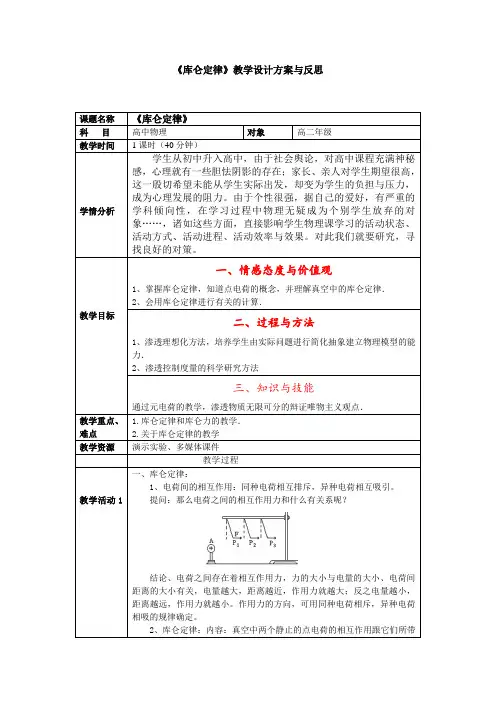 人教版高二物理选修3-1 1.2《库仑定律》教学设计方案与反思