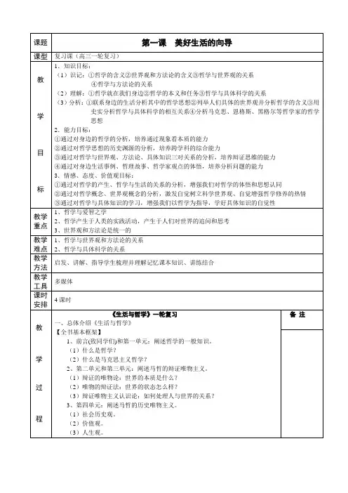 高考一轮复习生活与哲学(第一课) 美好生活的向导教案