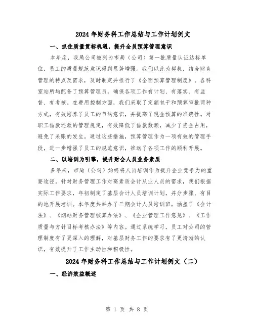 2024年财务科工作总结与工作计划例文（六篇）