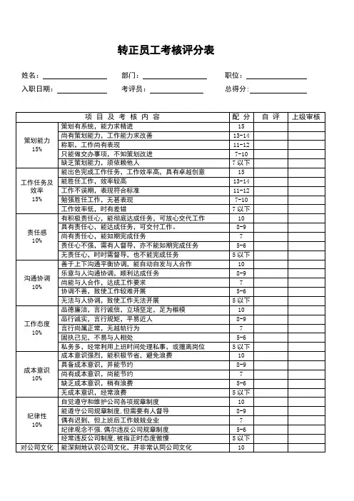 转正员工考核评分表