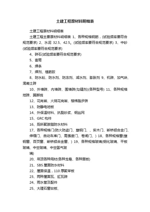 土建工程原材料明细表