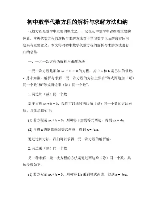 初中数学代数方程的解析与求解方法归纳
