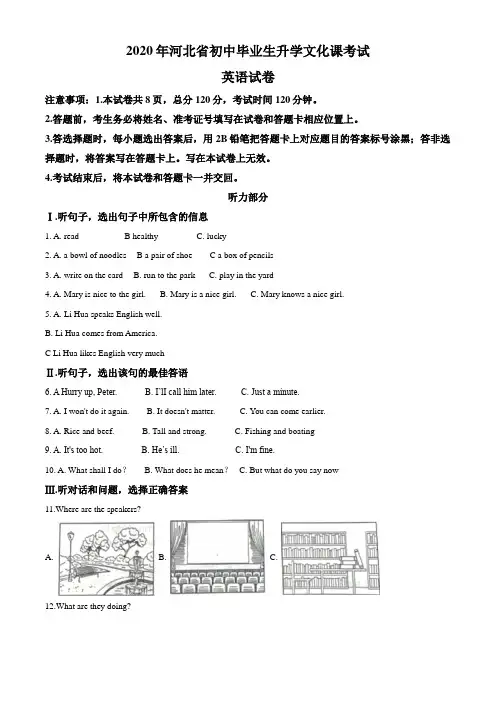 精品解析：河北省2020年中考英语试题(原卷版)