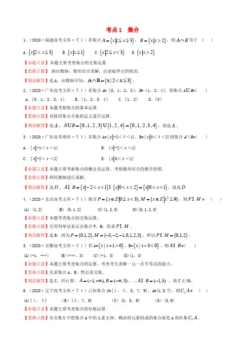 2020年高考数学 考点1  集合