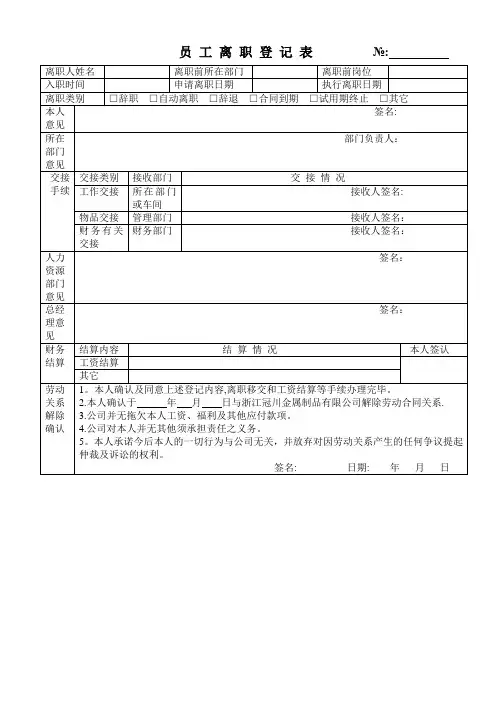员工离职登记表(最新范本模板)