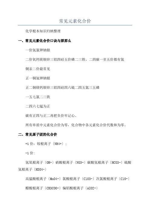 常见元素化合价