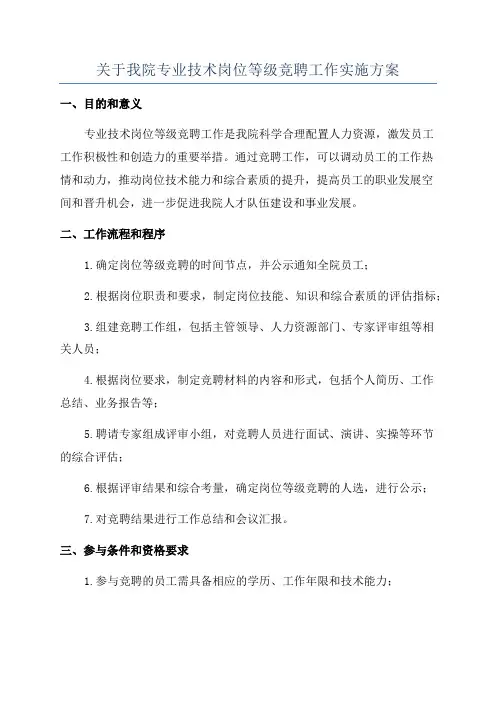 关于我院专业技术岗位等级竞聘工作实施方案