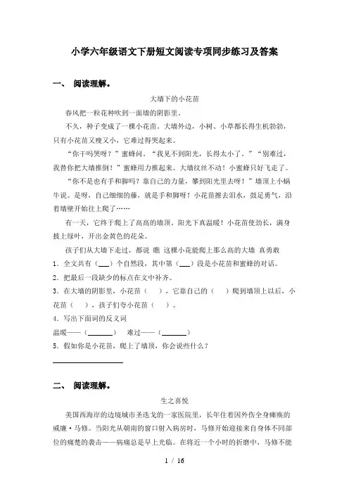 小学六年级语文下册短文阅读专项同步练习及答案