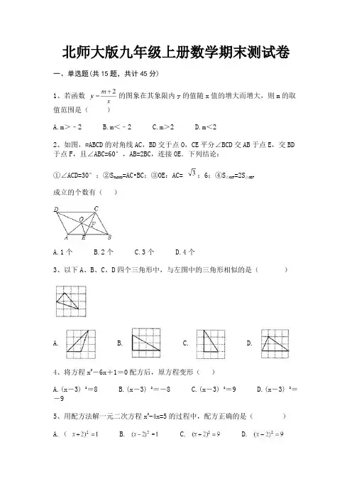 北师大版九年级上册数学期末测试卷(完美版)