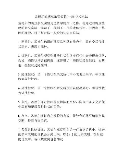 孟德尔的豌豆杂交实验(一)知识点总结