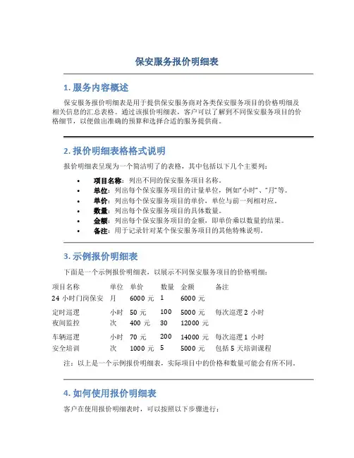 保安服务报价明细表
