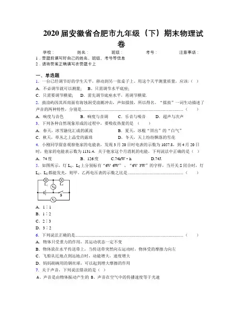 最新2020届安徽省合肥市九年级(下)期末物理试卷及解析