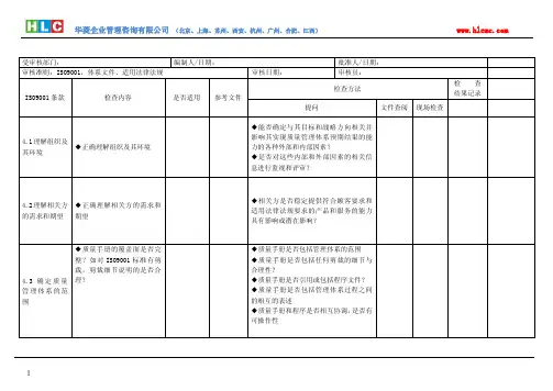 ISO9001：2015质量管理体系审核通用检查表(适合各部门)