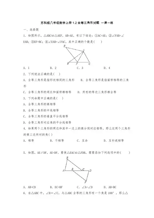 苏科版八年级数学上册1-2全等三角形试题 一课一练(含答案)-doc