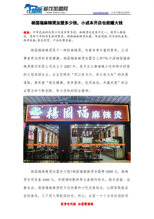 杨国福麻辣烫加盟多少钱,小成本开店也能赚大钱