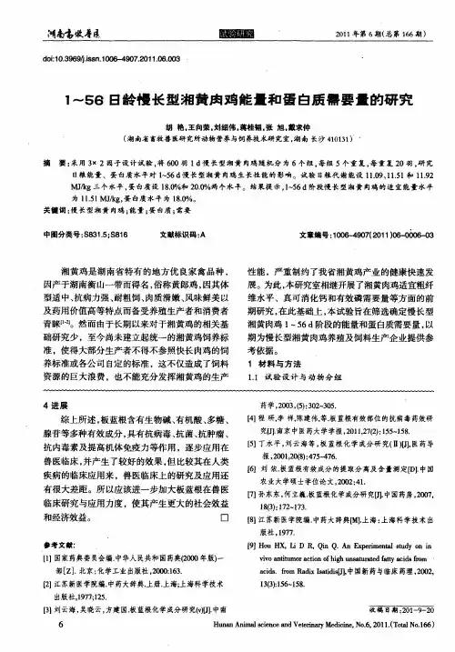 1-56日龄慢长型湘黄肉鸡能量和蛋白质需要量的研究