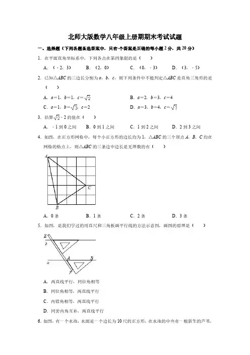 北师大版数学八年级上册期期末考试试卷及答案