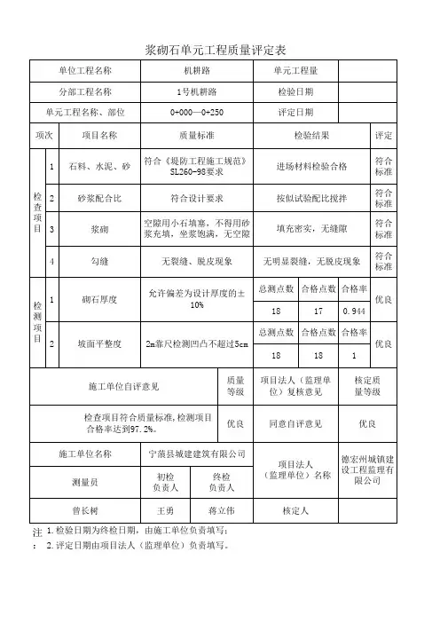 表堤10 浆砌石护坡单元工程质量评定表(例表)