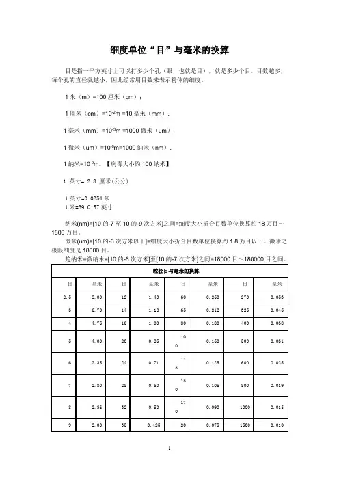 细度单位中”目”和”毫米”的换算