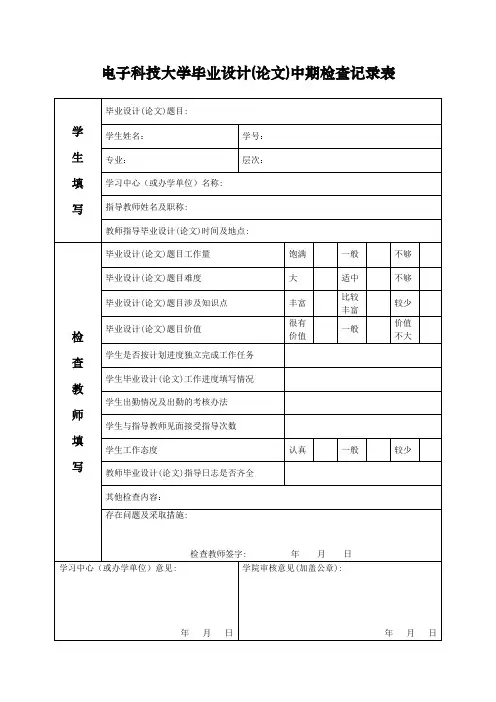本科毕业设计(论文)中期检查记录表