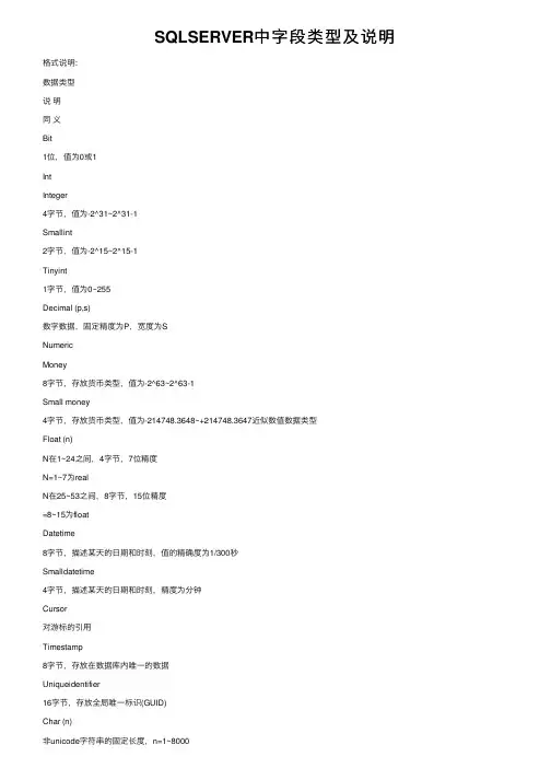 SQLSERVER中字段类型及说明
