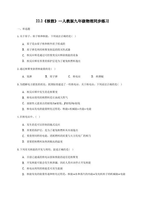 22.2《核能》—人教版九年级物理同步练习(解析版)
