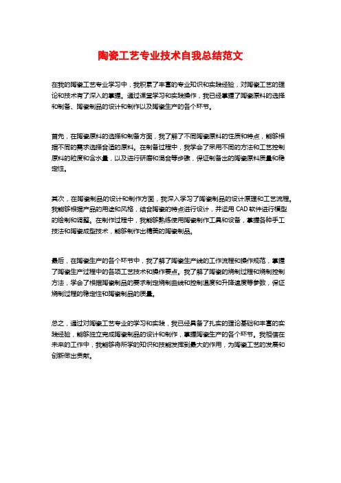 陶瓷工艺专业技术自我总结范文