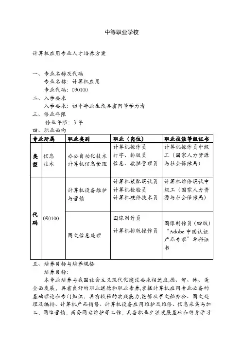中等职业学校计算机应用专业人才培养方案