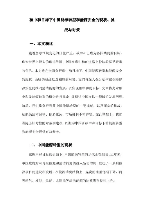 碳中和目标下中国能源转型和能源安全的现状、挑战与对策