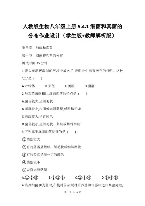 人教版生物八年级上册5.4.1细菌和真菌的分布作业设计(学生版+教师解析版)