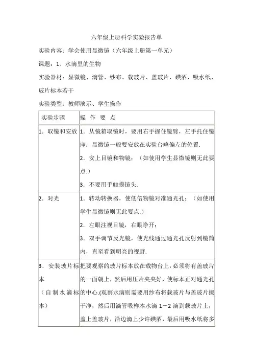 六年级上册科学实验报告单