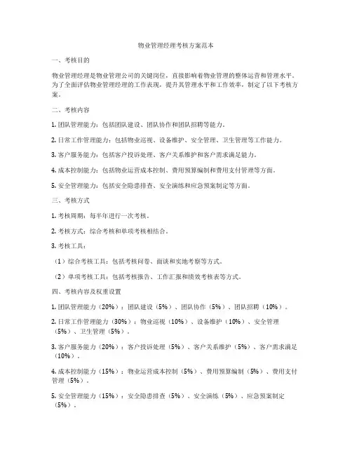 物业管理经理考核方案范本
