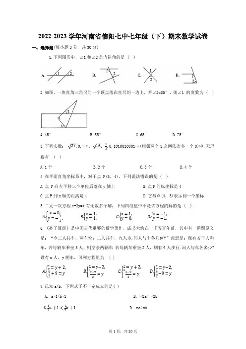 2022-2023学年河南省信阳七中七年级(下)期末数学试卷(含解析)