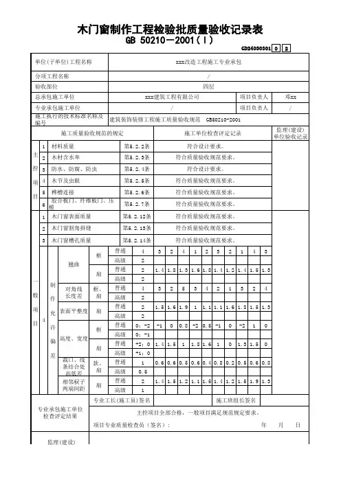 木门窗制作工程检验批质量验收记录表ok
