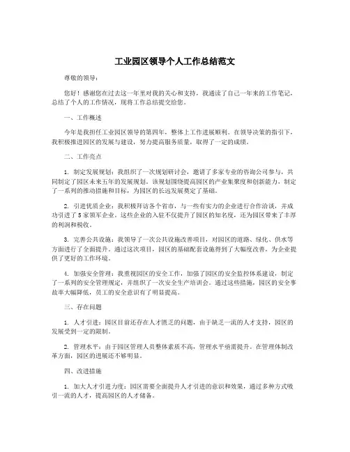 工业园区领导个人工作总结范文